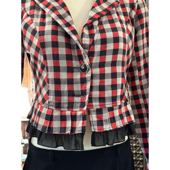 Chic Vintage Blazer with Retro Checkered Pattern and Elegant Peplum Detail - Picture 2 of 8